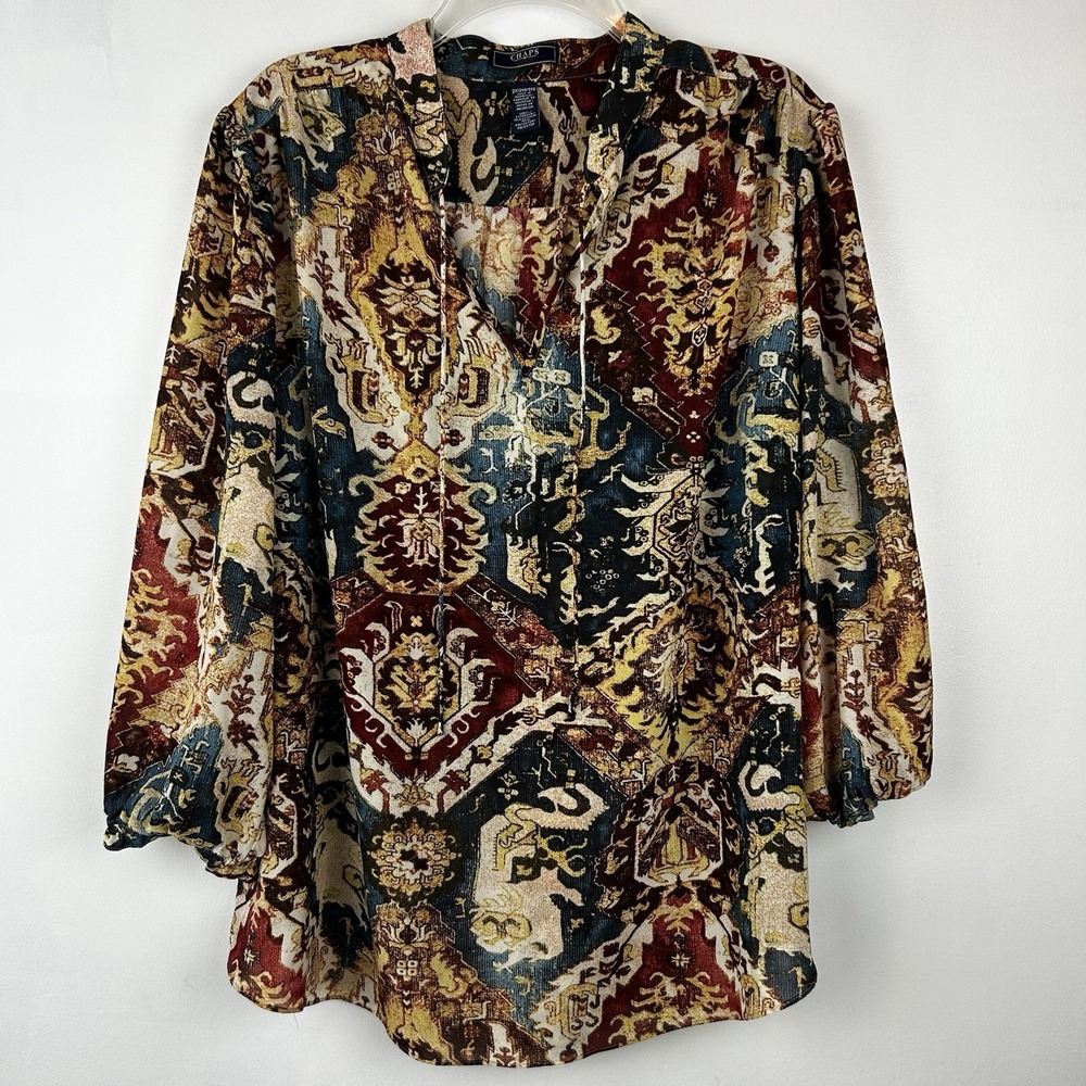 Chaps Denim Top Womens 2X Printed Geometric Blouse Pullover Career Office Flowy